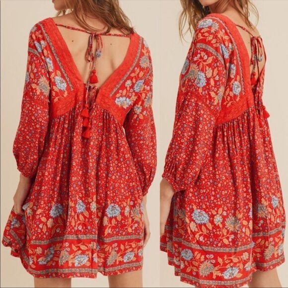 ✨
Cherry Red Floral BOHO Deep V Neck Tassel Tie Low Back Tunic Mini Dress✨ - Picture 7 of 10